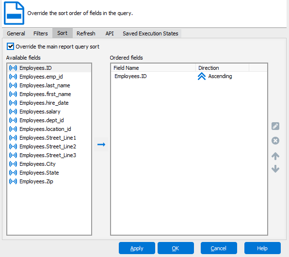 Edit Report dialog with the Sort tab selected.  The report is to be ordered by Employee Identification in ascending order.